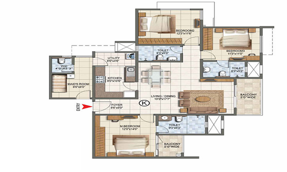 3 BHK Floor Plan – Purva Aerocity