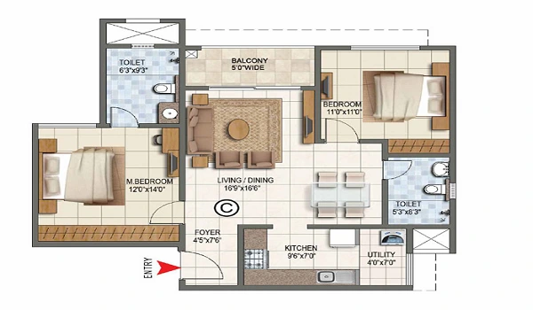 Purva Aerocity 2 BHK Floor Plan